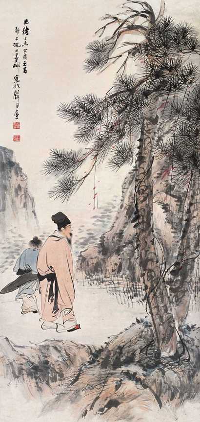 倪田 松下携琴 立轴
